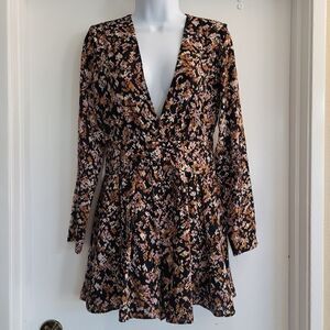 Roxberi Elle floral fall romantic romper with plunging neckline